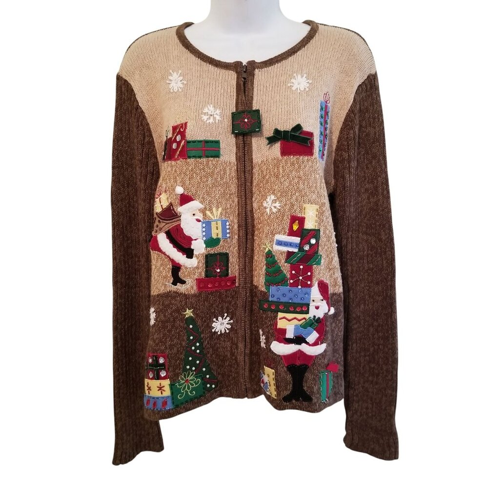 Tiara L Christmas Holiday Cardigan Sweater Embroidered Beaded Vintage‎ Teacher